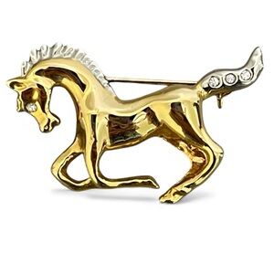 Gold Horse Brooch Pin Faux Diamond Embellished Elegant Chic Equestrian Jewelry